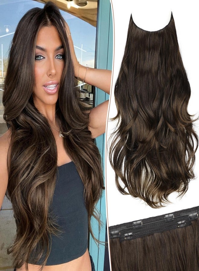 KooKaStyle Invisible Wire Hair Extensions 20"Long Wavy Layered Synthetic Clip in with Transparent Wire Adjustable Size 6 Secure Clips Dark Walnut Brown Thick Hairpieces for Women 20 Inch - Image 1